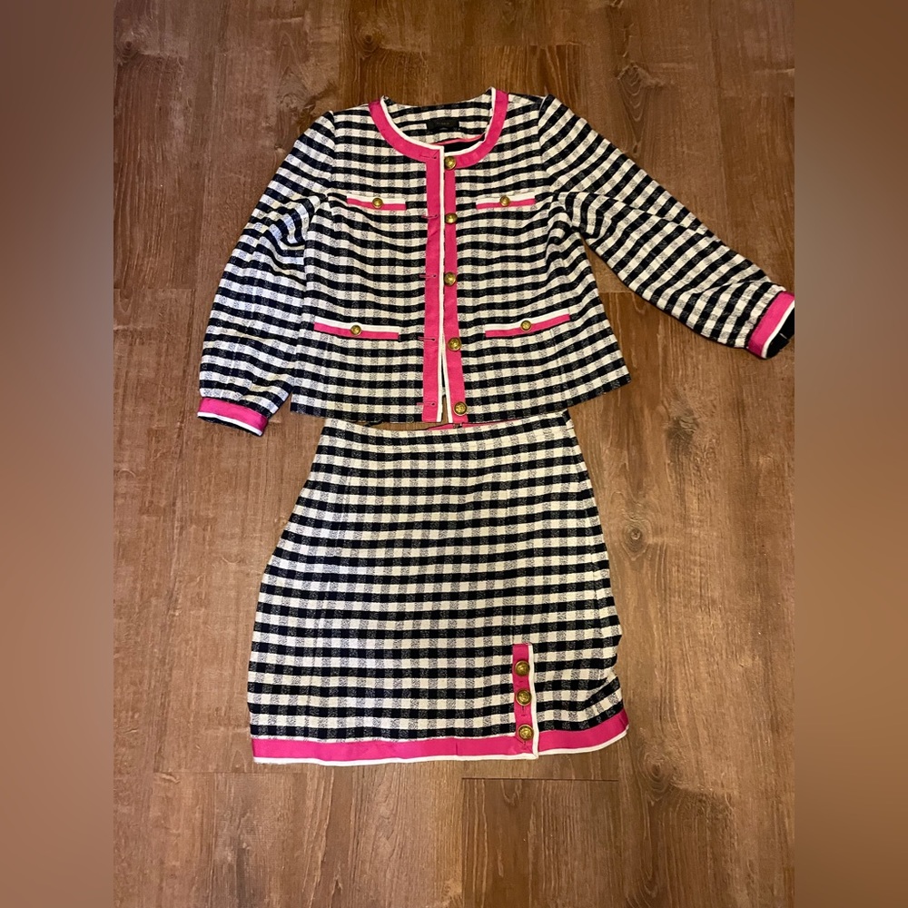 Jcrew suit in checked navy and cream with hot pink trim in size 10